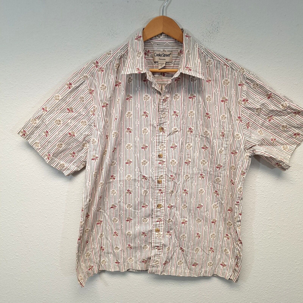 Cooke Street Honolulu USA Tropical Palm Tree with Stripes Aloha Shirt Size Large